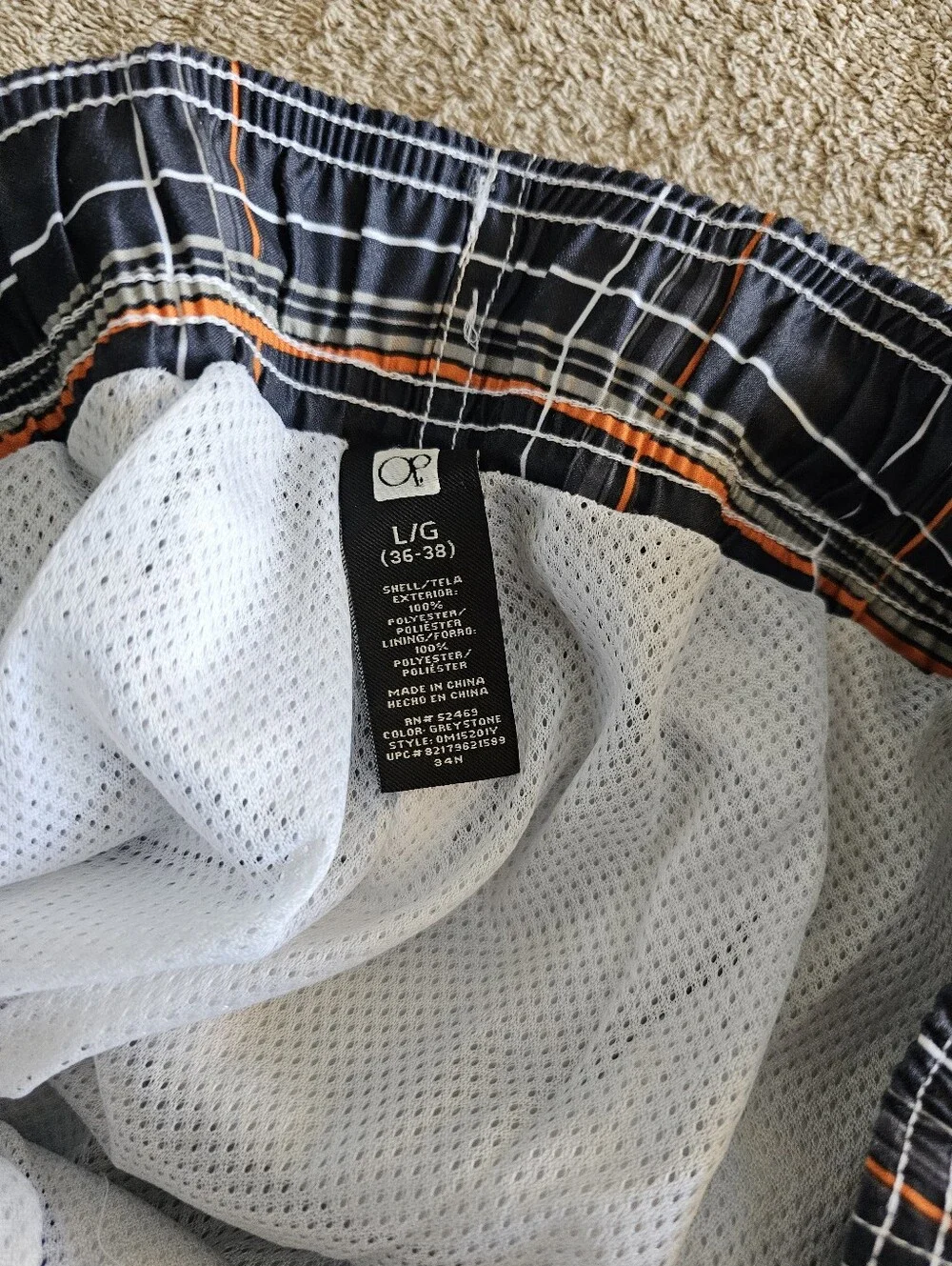 OP Men's Black Plaid Swim Board Shorts with Orange & White Lines